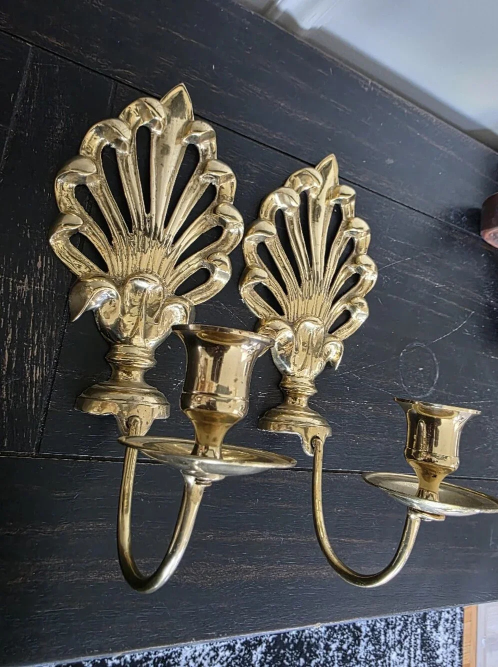 Set Of 2 Brass Gold Taper Candle Wall Sconce Holder Vtg Peacock 9' Small